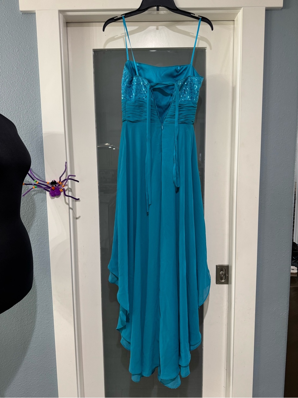 Sleeveless Teal Chiffon Evening Dress with Beaded Bodice